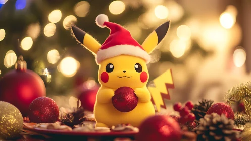 Pikachu in Santa hat holds red ornament before glowing tree