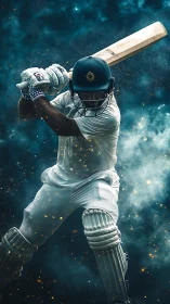 Cricket batsman poised for powerful shot under cosmic lights.