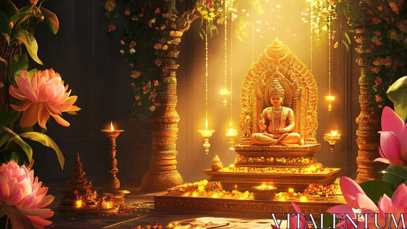 Golden seated deity in ornate lotus-lit temple interior.