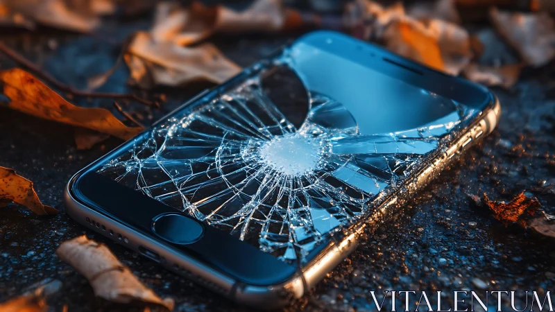 Shattered smartphone glints like fractured ice on dusk pavement.