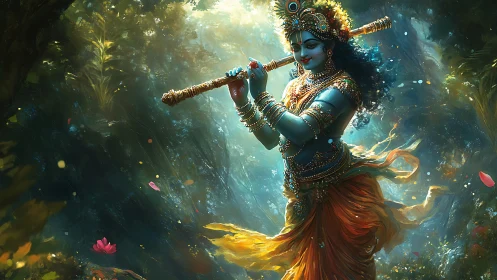 Flute player in golden forest glows with gentle divine grace