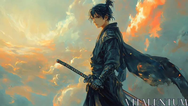 Lone anime swordsman stands against blazing painted sky.
