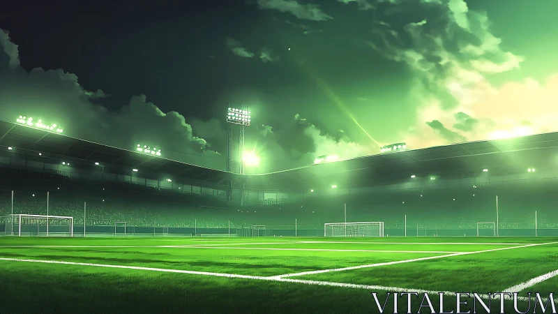 Glowing evening soccer field waiting for the next kickoff.