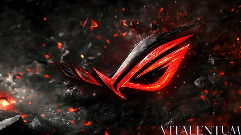 Red stylized emblem in molten textured dark environment.