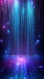 Neon light curtains cascade over reflective starfield floor