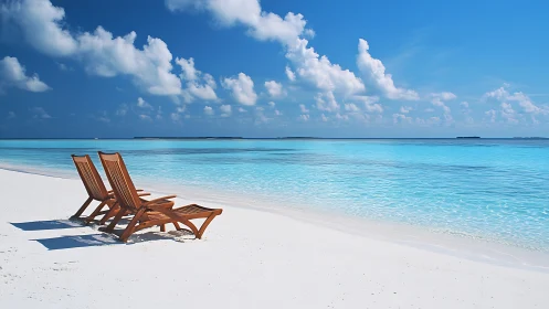 Tropical shoreline with wooden loungers under bright cyan sky.