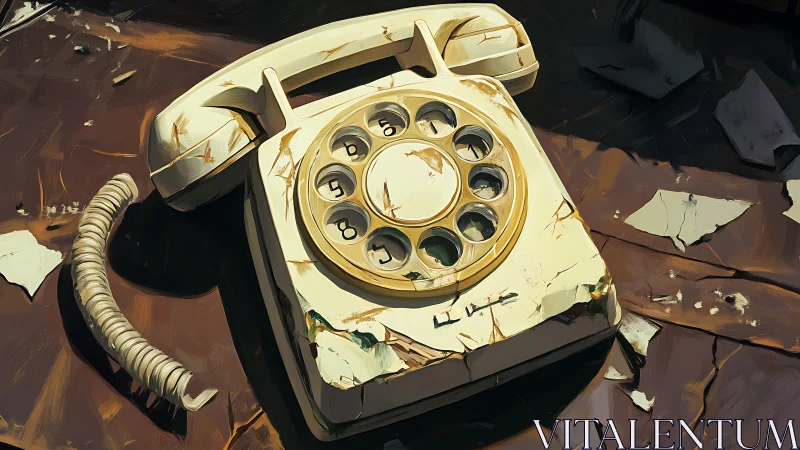 Rotary telephone lies cracked on worn surface in decay