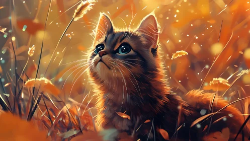 Golden-Eyed Reverie: Feline Wonder in Autumn's Luminescent Embrace.