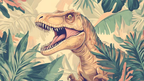 Roaring cartoon dinosaur in dense tropical jungle foliage.