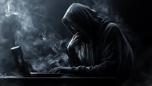 Hooded operator at laptop in high-contrast low key rim lighting