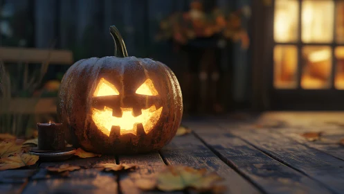 Glowing jack-o’-lantern on rustic autumn porch at dusk.