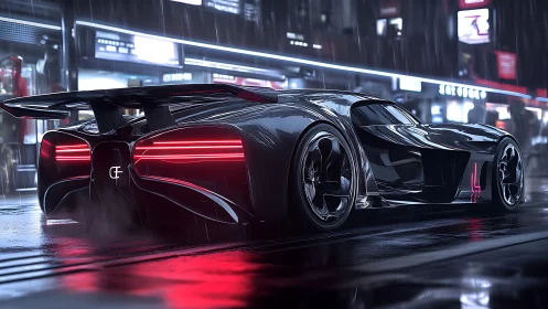 Futuristic hypercar cuts neon city street through rain-soaked night.