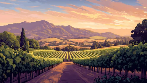 Sunlit vineyard avenues drift toward hazy lavender hills.