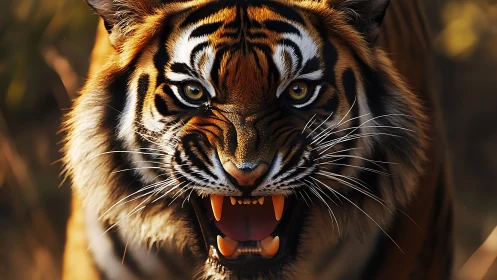 Tightly framed tiger snarl with sharp canines and directional rim light