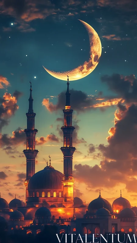 Digital crescent moon above illuminated domed mosque at dusk.