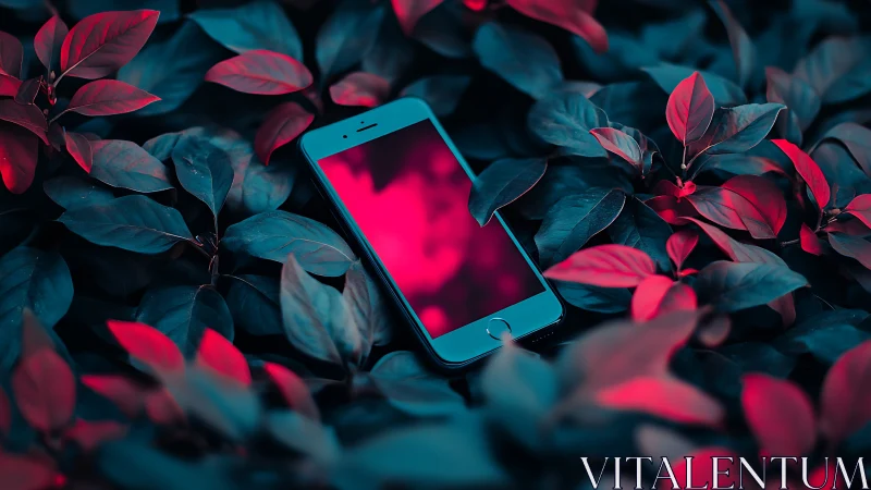 Neon Smartphone Amidst Crimson Foliage Composition.