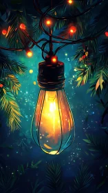 Glowing bulb lantern amid evergreen branches at night.