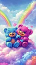 Rainbow cuddle bears drifting on sugar-cloud skies.