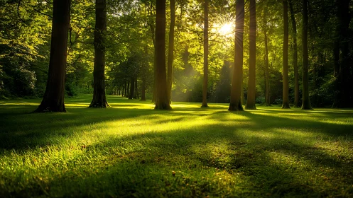 Sunlit forest clearing with tall trees and lush greenery, serene mood.