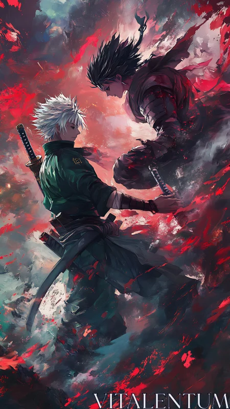 Kinetic duel of two samurai amid turbulent chromatic vortex.