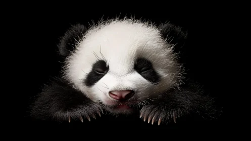 High-detail 3D render shows sleeping panda cub with realistic fur dynamics
