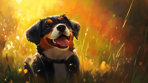 Tri-color dog in backlit golden meadow, painterly bokeh glow