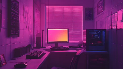Neon magenta dual-monitor PC workstation in moody office
