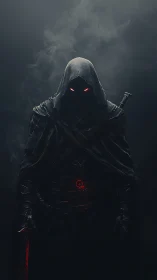 Dark hooded warrior stands in smoke with glowing red eyes.