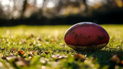 Weathered football on sunlit field in golden bokeh glow.