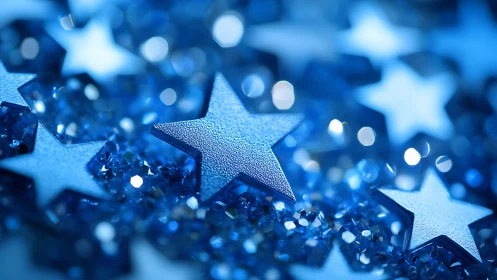 Blue metallic star confetti rests on glittering crystal bed