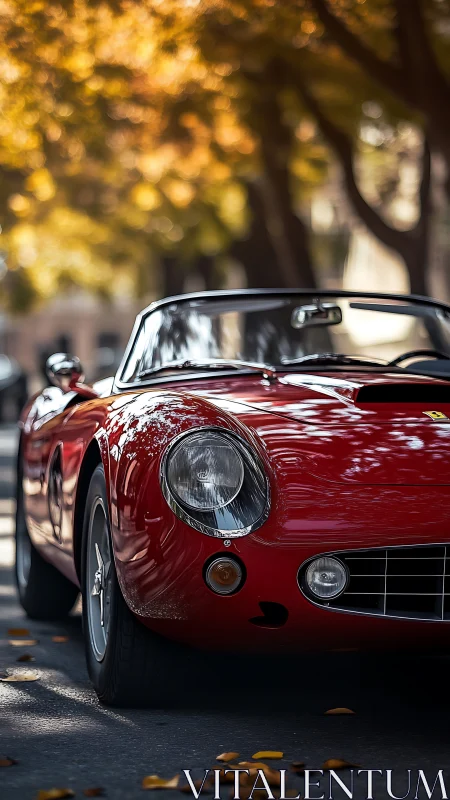 Red classic convertible car on tree-lined urban street.