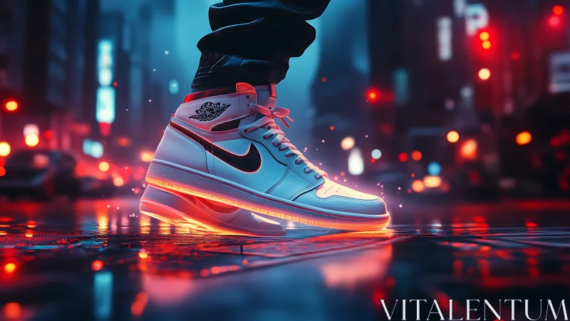 Neon city sneakers glowing through a rainy midnight stroll.