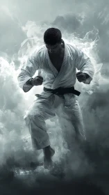 Martial artist in white gi rising through swirling smoke.