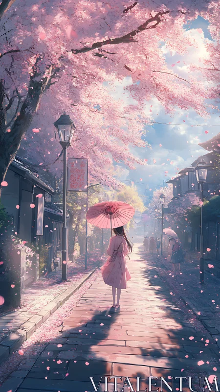 Girl with parasol on cherry blossom lined street at dusk.