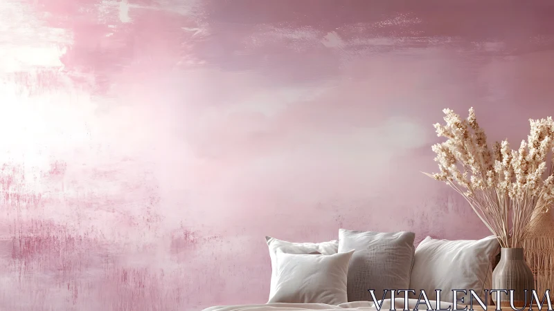 Soft blush bedroom vignette with textured ombre wall.