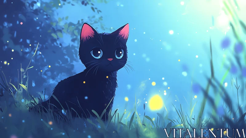Black kitten in glowing blue meadow at twilight.