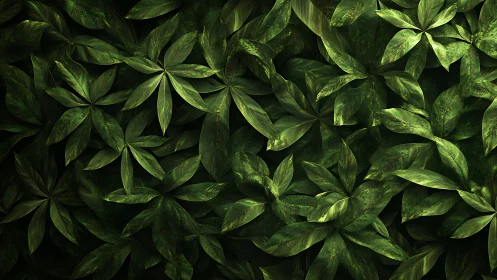 Dense tropical foliage pattern with layered green leaves.