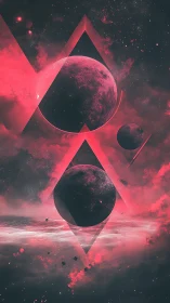 Crimson nebula planets intersect geometric void triangles.