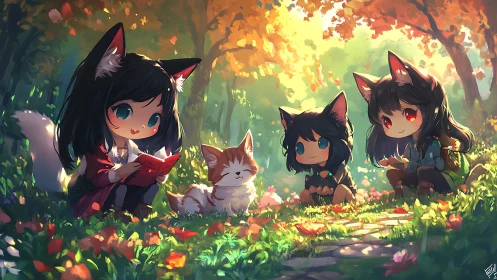 Fox-eared chibi friends share a story in a glowing forest.