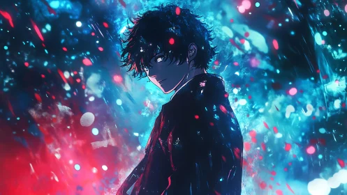Brooding anime youth amid electric neon bokeh storm.