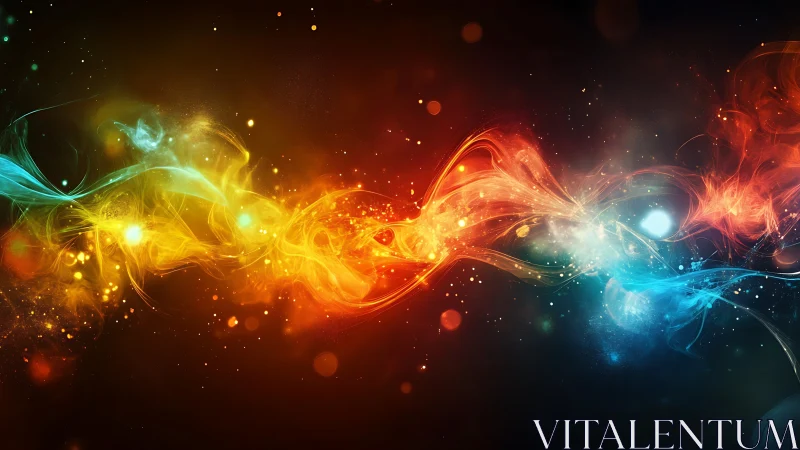 Multicolored luminous wisps traverse a dark digital field