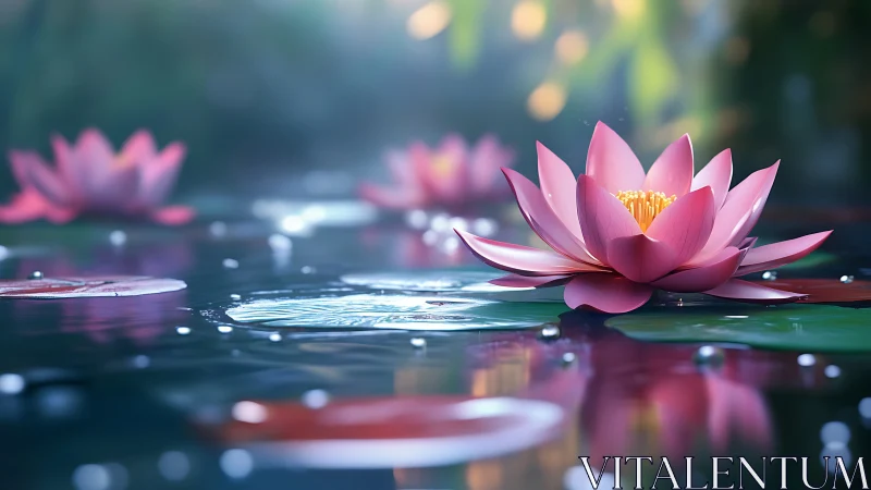 Serene pink lotus in luminous shallow water at dusk.