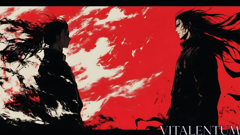 Dual vector silhouettes in red negative-space confrontation.