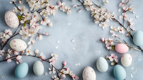 Pastel eggs and blossom branches on light blue background.