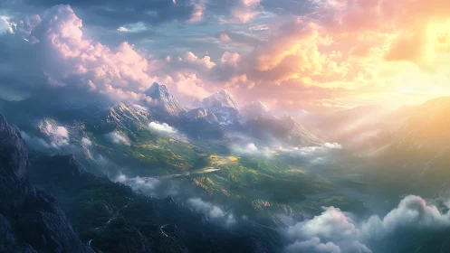 Sunlit fantasy mountains above a misty green valley.