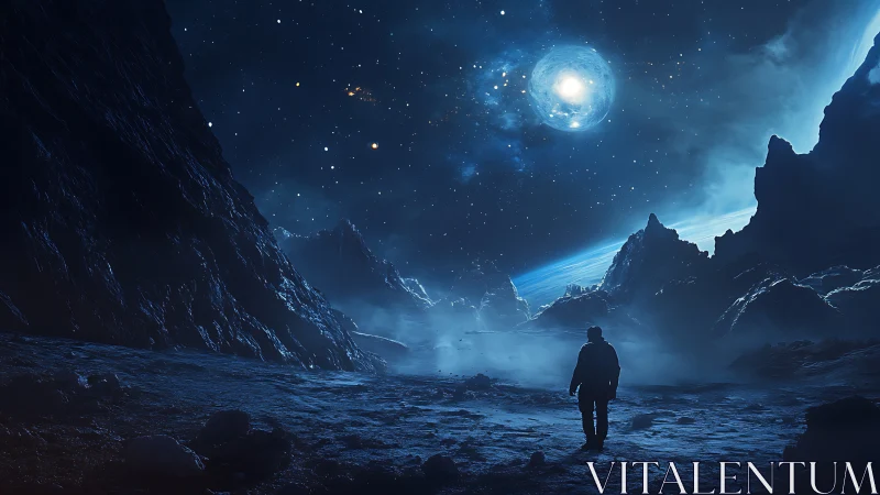 Lone astronaut on icy exoplanet under luminous blue binary sky