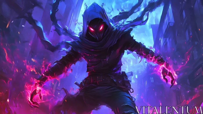 Hooded dark figure with glowing eyes in neon city street.