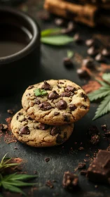 Gourmet chocolate chip cookies with rustic dark styling.