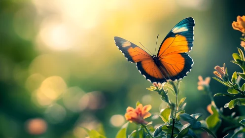 Butterfly rests on garden flowers in warm backlit sunlight