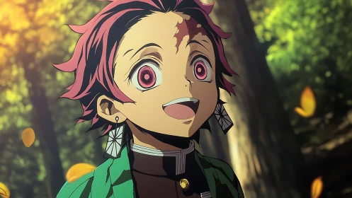 Anime character shown in forest setting with focused lighting